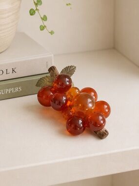 Vintage Orange Lucite Grape Cluster Driftwood Stem MCM 70s Decor Autumn‎ Retro